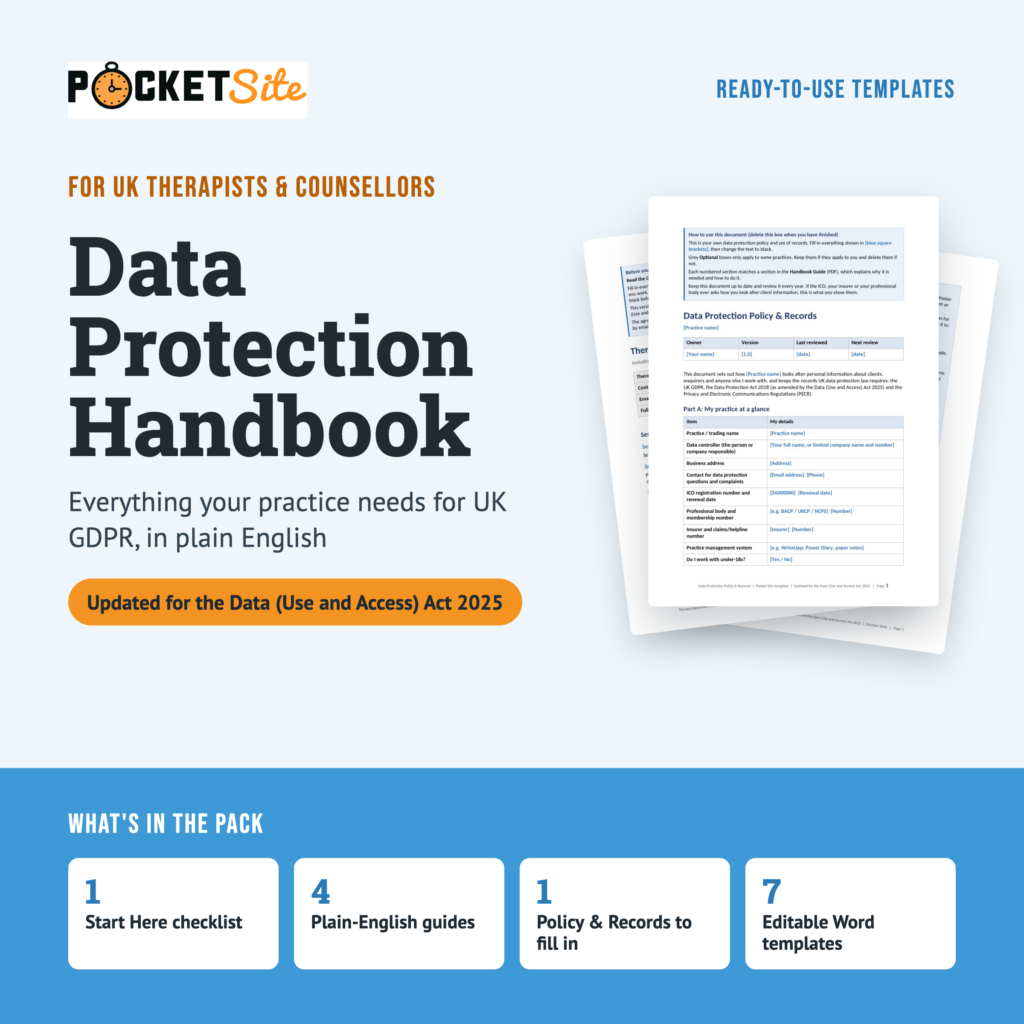 Pocket Site Data Protection Handbook for UK therapists and counsellors, with a Start Here checklist, guides, policy and records, and seven Word templates
