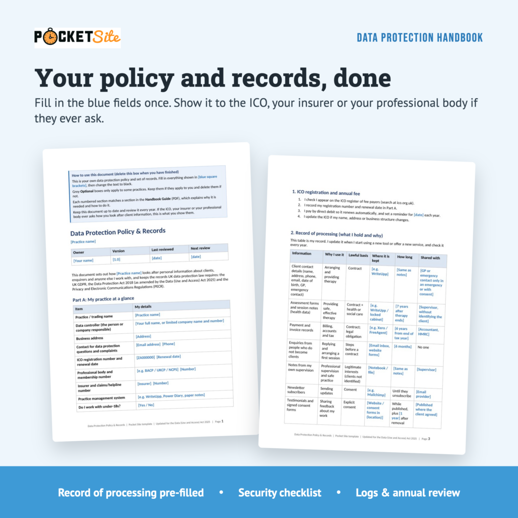 Data Protection Policy and Records template for therapy practices, with a pre-filled record of processing, a security checklist and an annual review