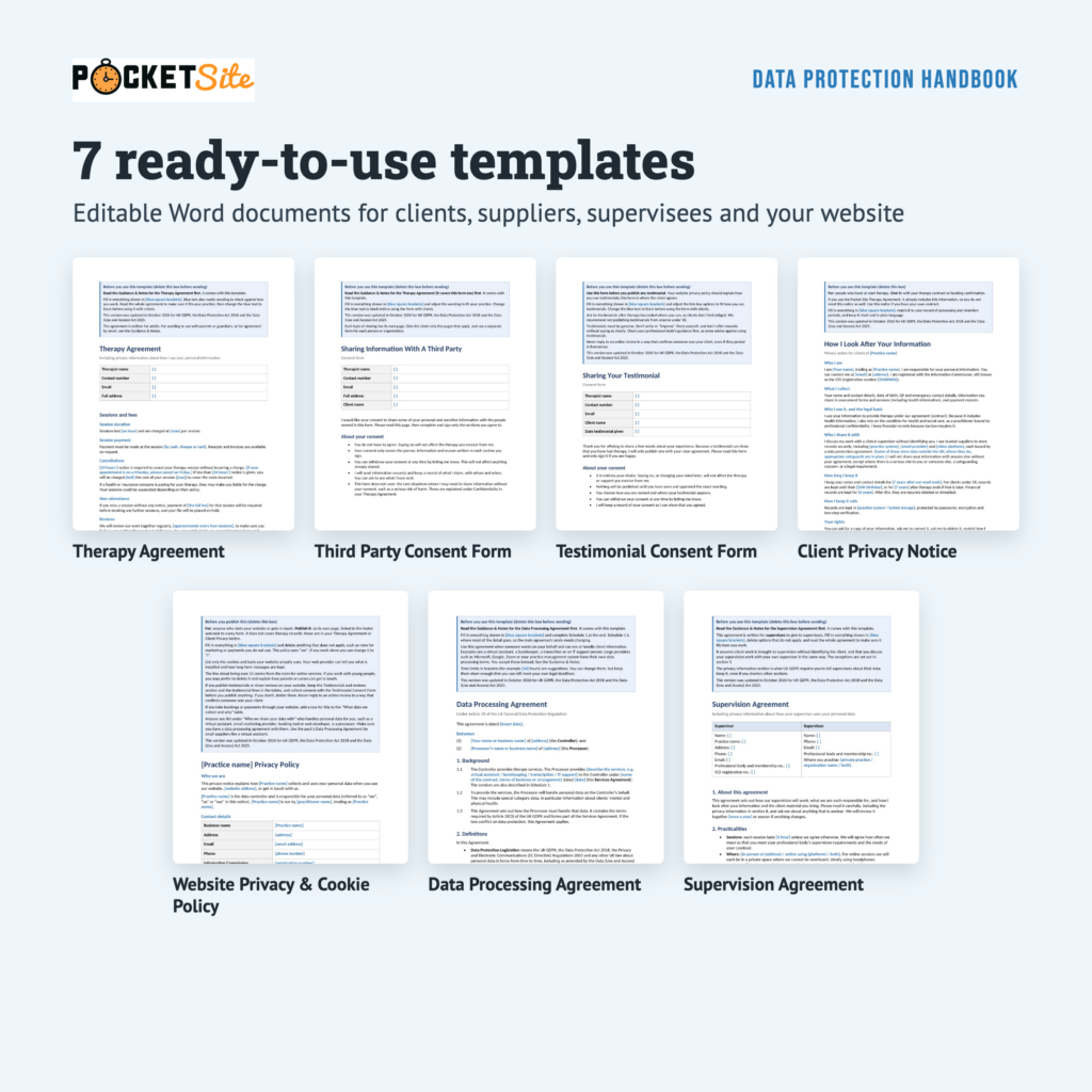 Seven editable Word templates, including the Therapy Agreement, consent forms, Client Privacy Notice, Data Processing Agreement and Supervision Agreement
