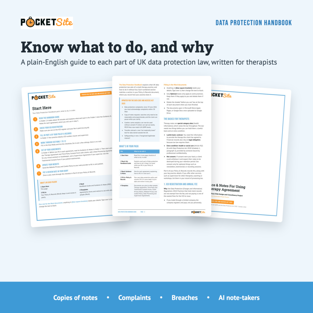 Plain-English Data Protection Handbook Guide for therapists, covering copies of notes, complaints, breaches and AI note-takers